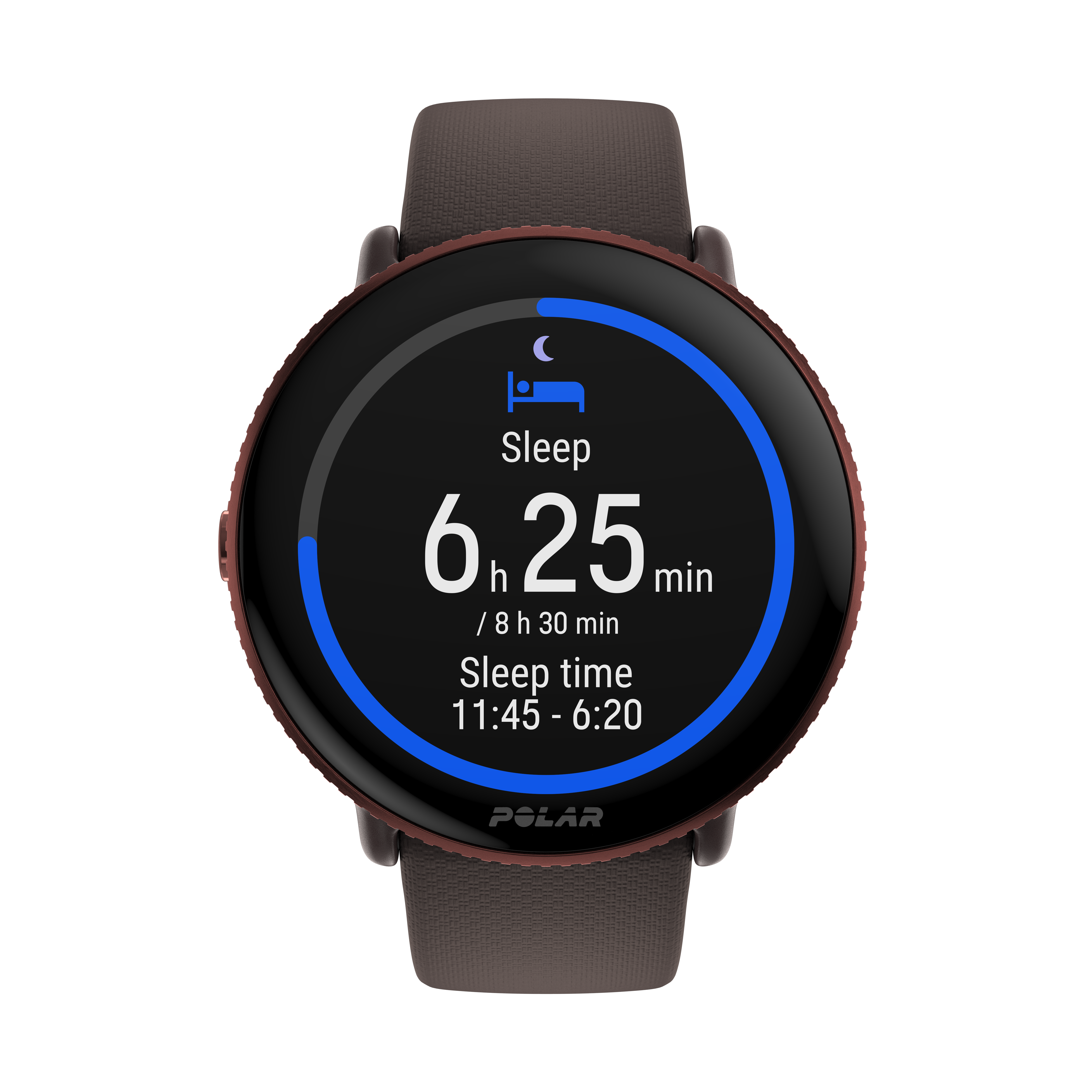 Un reloj inteligente marrón con pantalla redonda. La pantalla muestra datos de sueño: tiempo, duración.