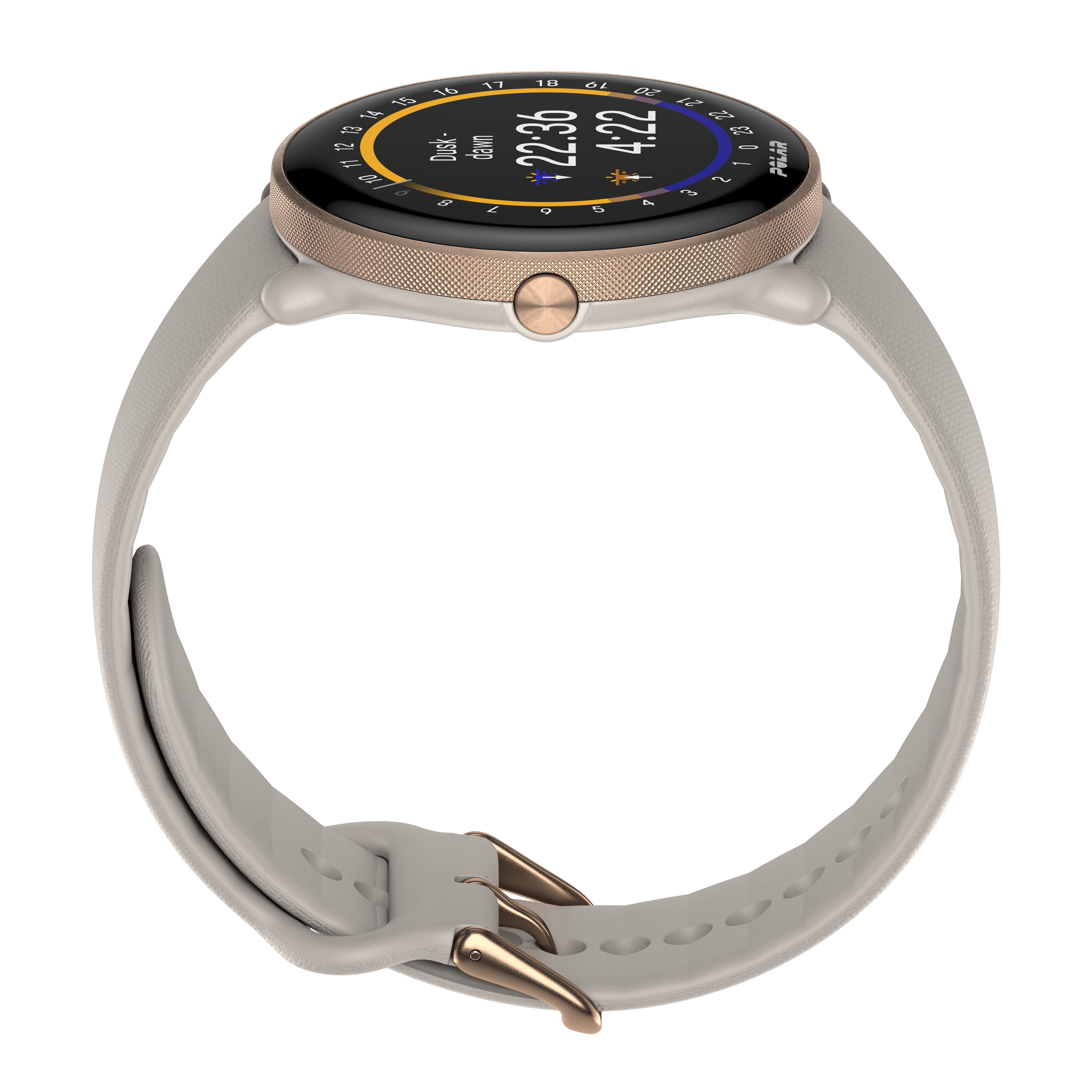 Primer plano de un reloj inteligente con bisel dorado y correa gris claro. La pantalla muestra la hora y los datos.