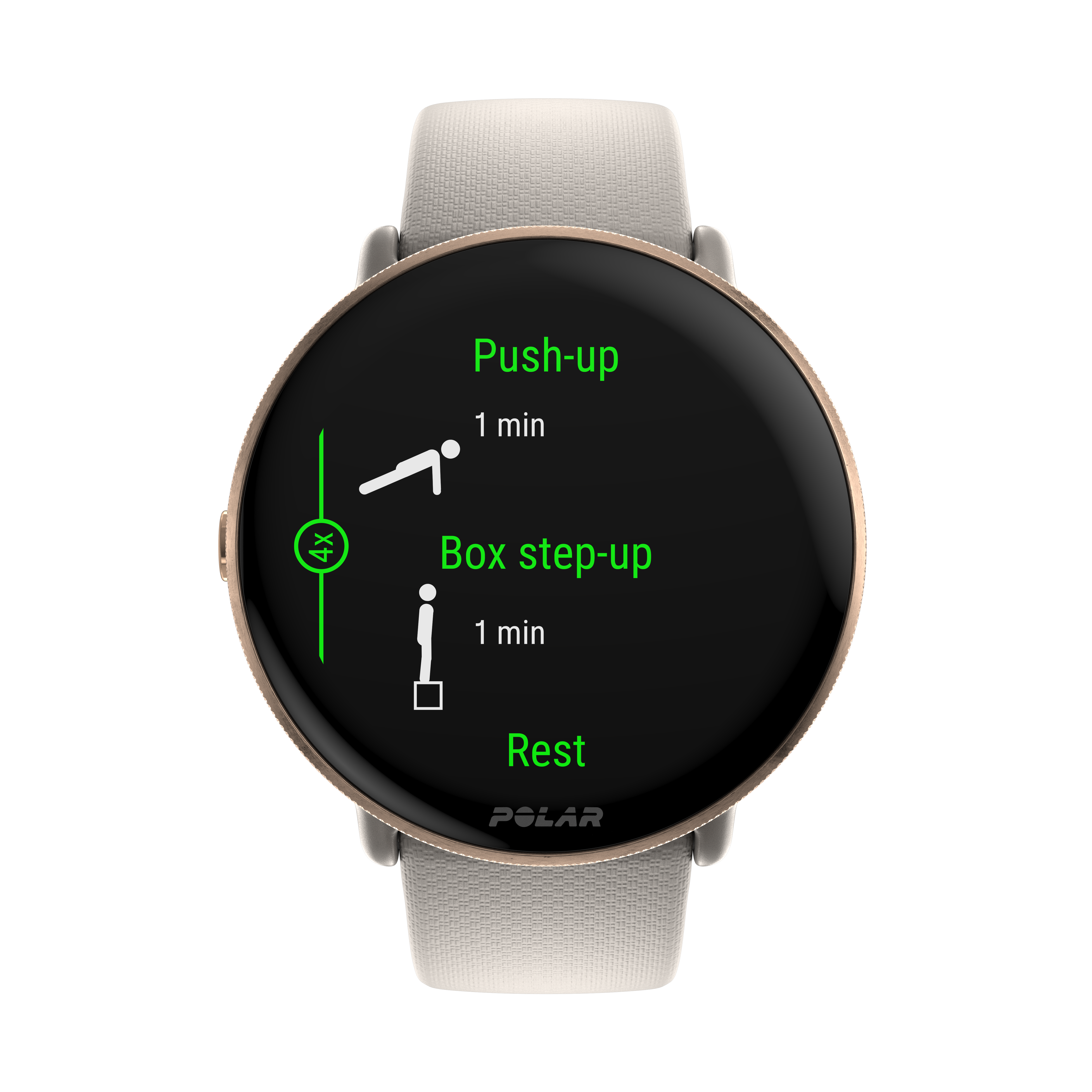 Smartwatch mostrando rutina de ejercicios. Texto: Flexiones, Box step-up, Descanso.