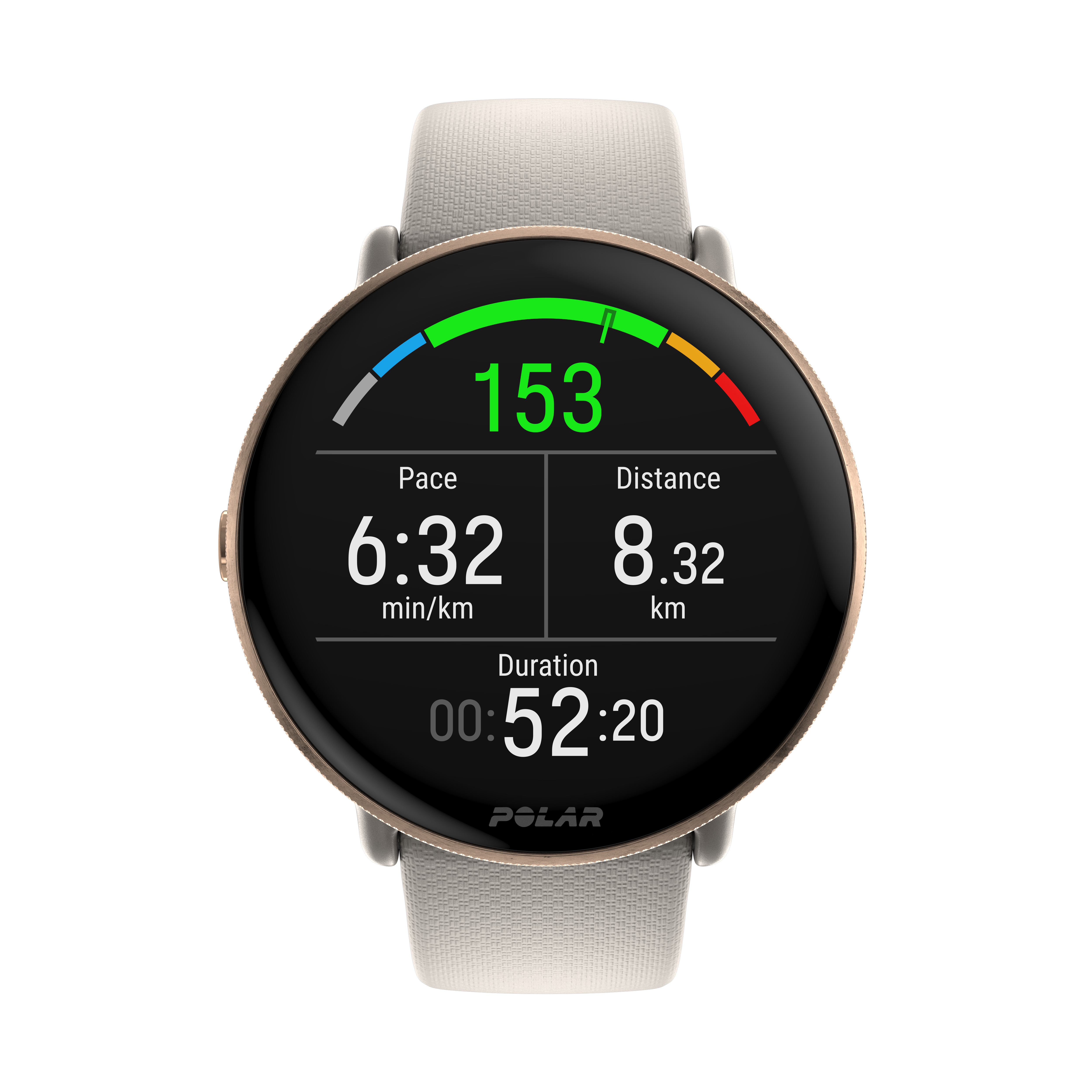 Un smartwatch Polar con pantalla redonda que muestra métricas de entrenamiento, sobre fondo negro.
