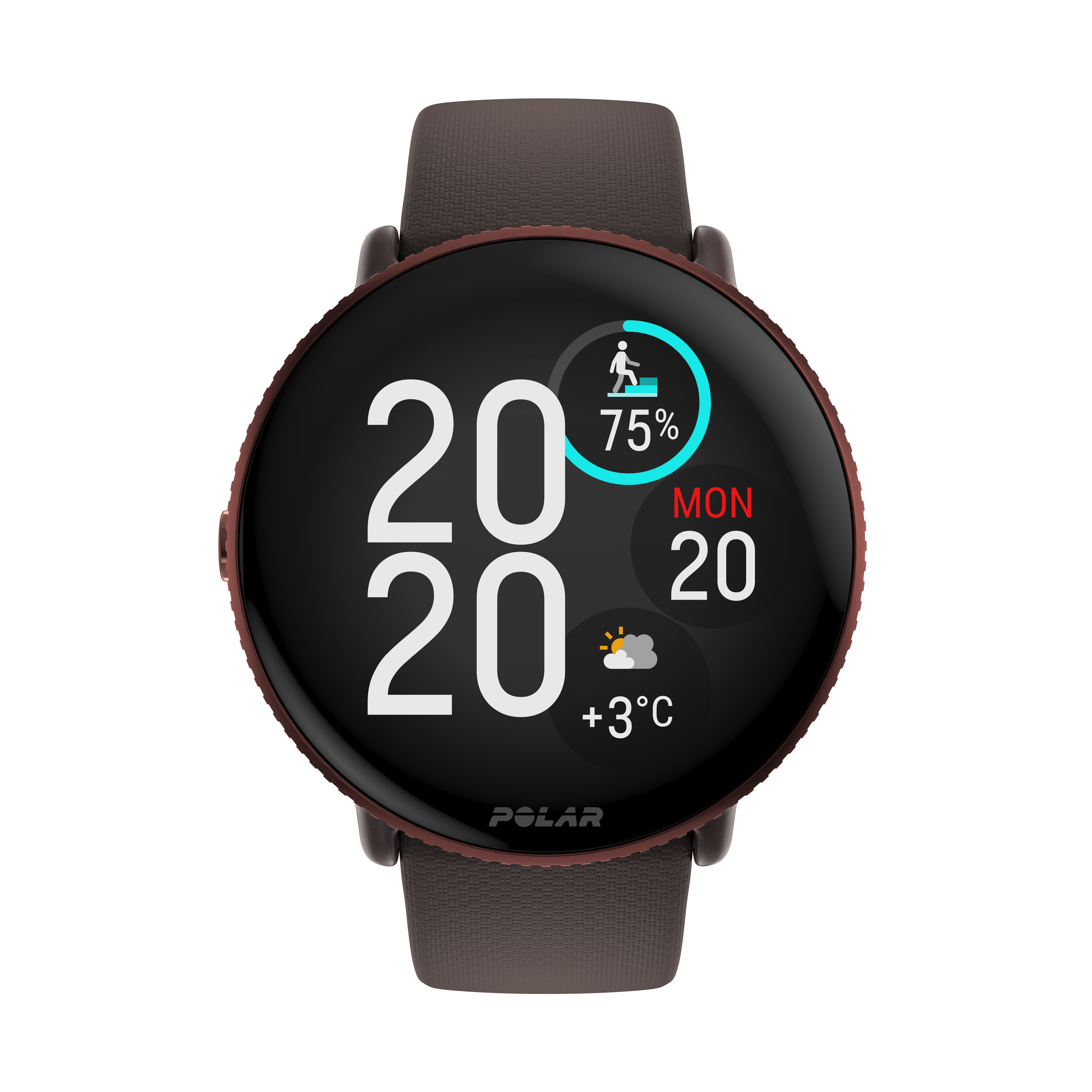 Pantalla de reloj inteligente mostrando datos. Muestra 20:20, 75% actividad, Lunes, 20, y +3°C clima.
