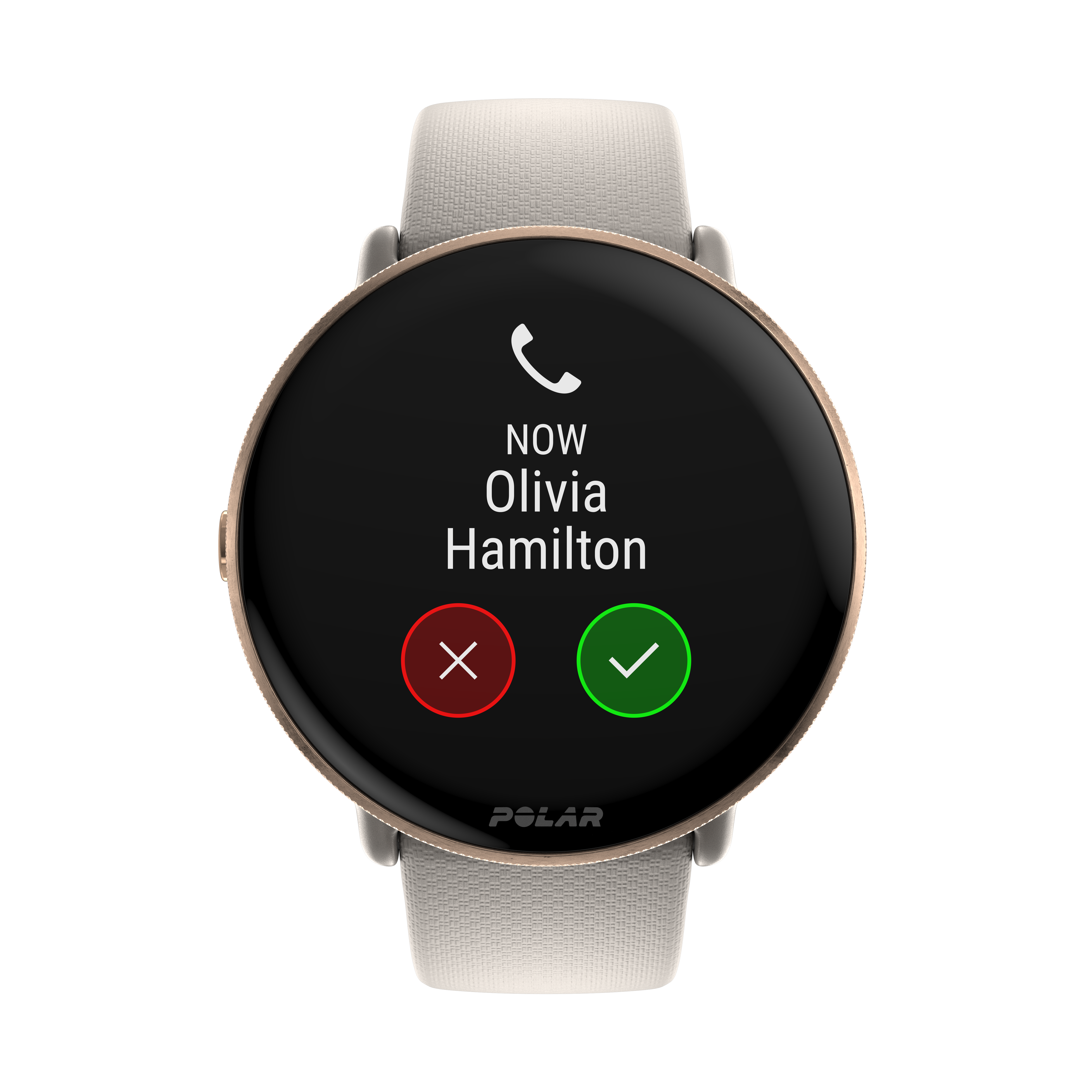 Smartwatch mostrando una llamada entrante de Olivia Hamilton con botones de aceptar/rechazar.