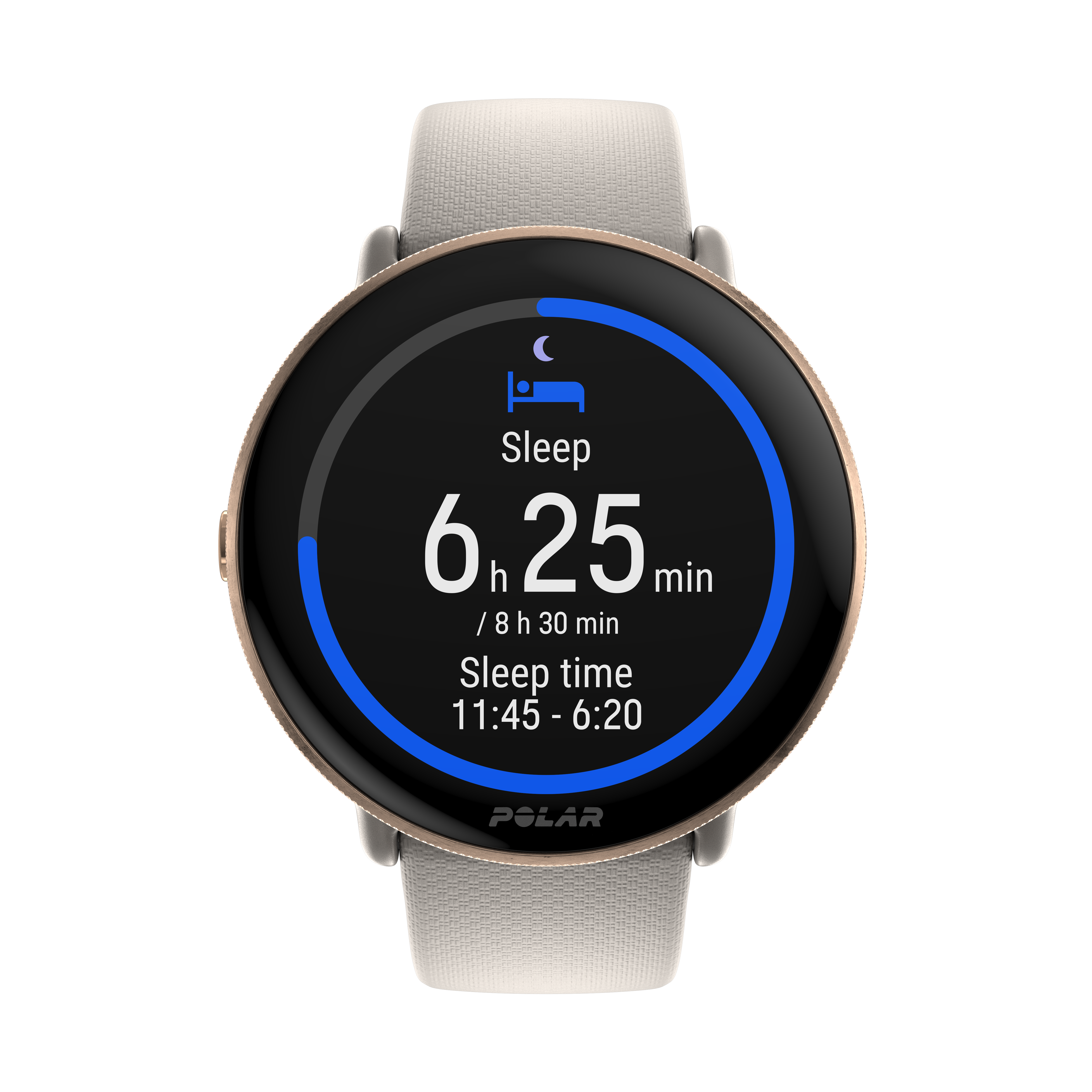 Smartwatch mostrando datos de sueño: 6.25 horas. Caja dorada, correa blanca, fondo negro.