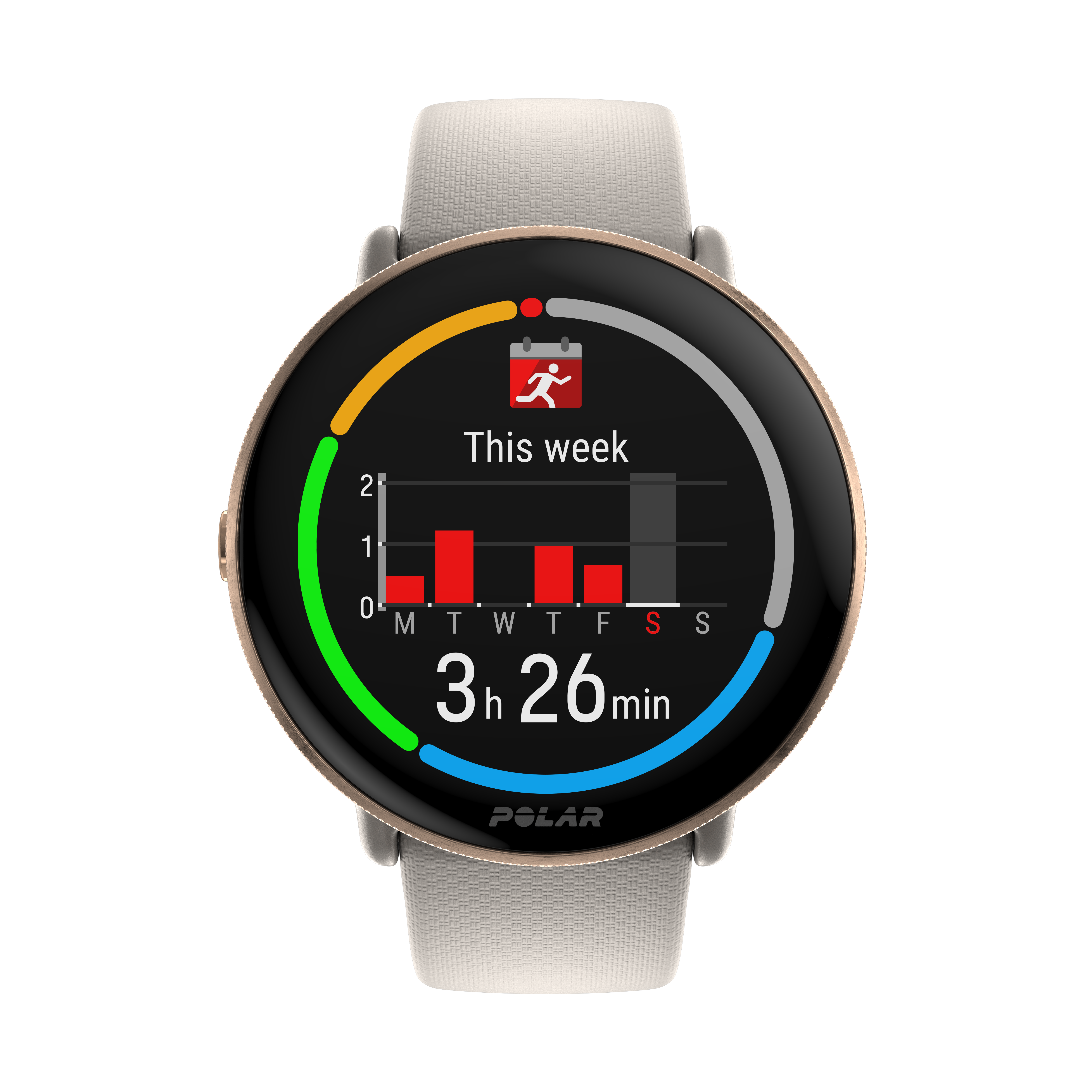 Smartwatch dorada mostrando datos de actividad semanal, con zonas rojas, verdes, azules y amarillas.