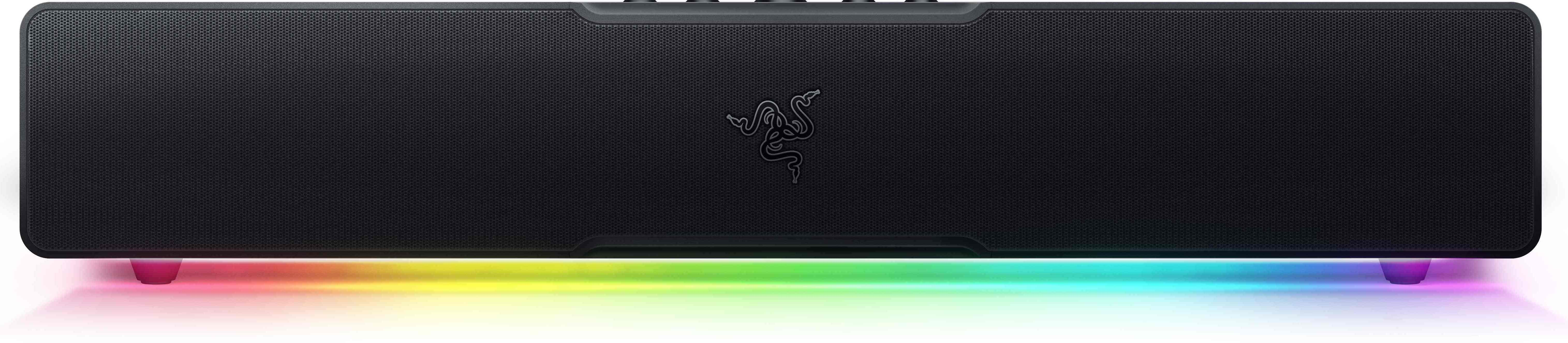 Schwarze Soundbar mit bunter Beleuchtung und Razer-Logo.