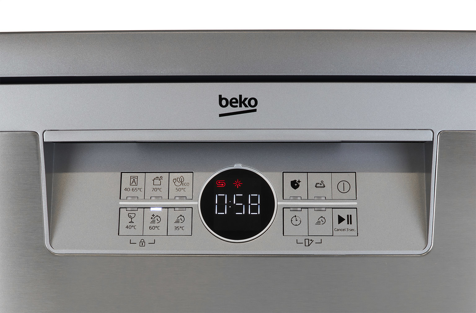 Gros plan sur le panneau de commande d'un lave-vaisselle Beko, argenté avec affichage.