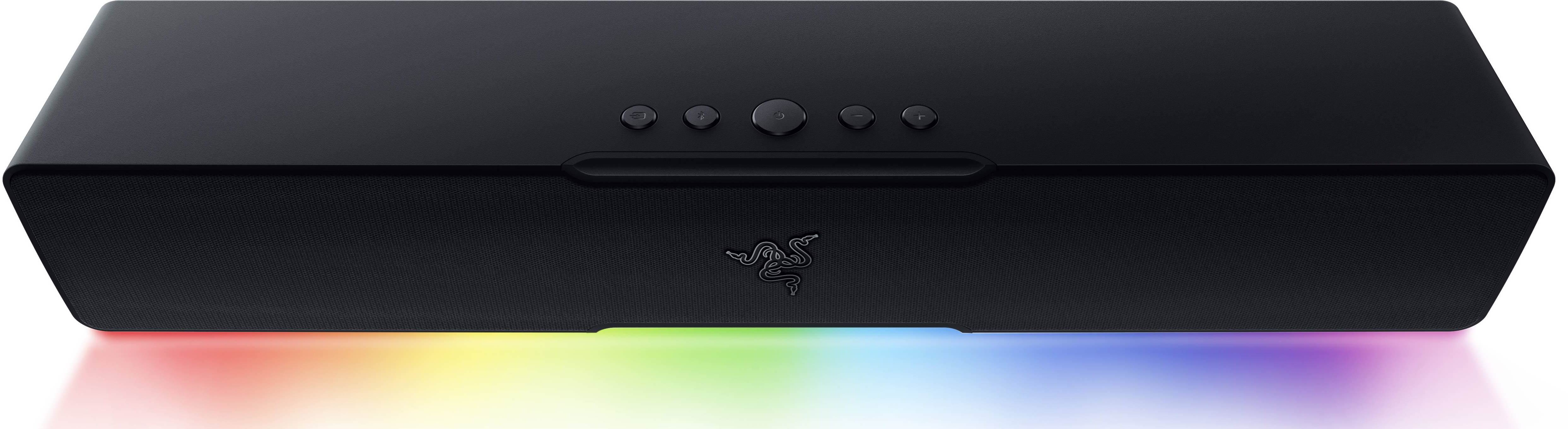 Schwarze Soundbar mit Knöpfen und Razer-Logo. Mehrfarbige Lichter sind unten zu sehen.