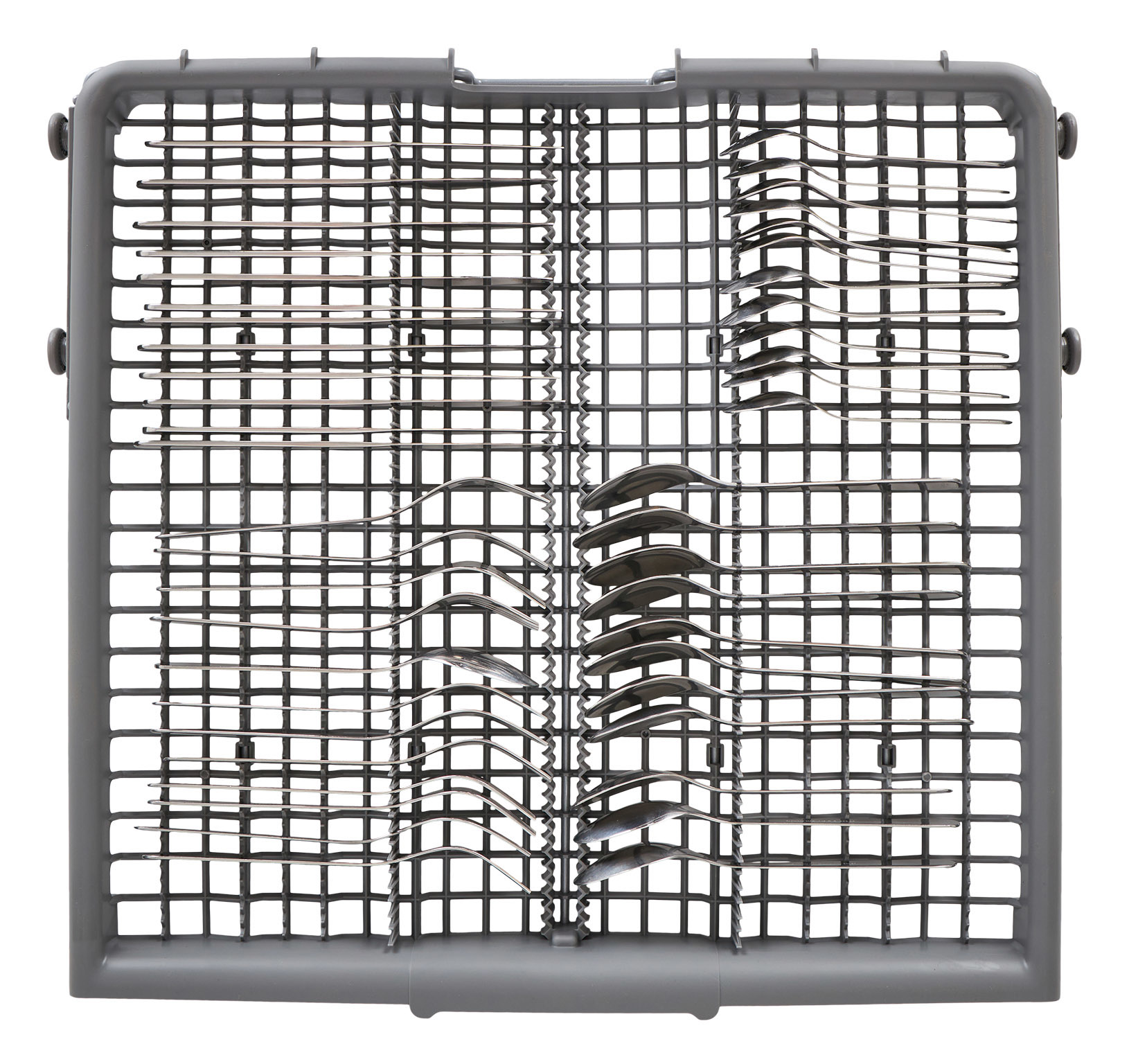 Un panier de lave-vaisselle gris avec des couverts à l'intérieur.