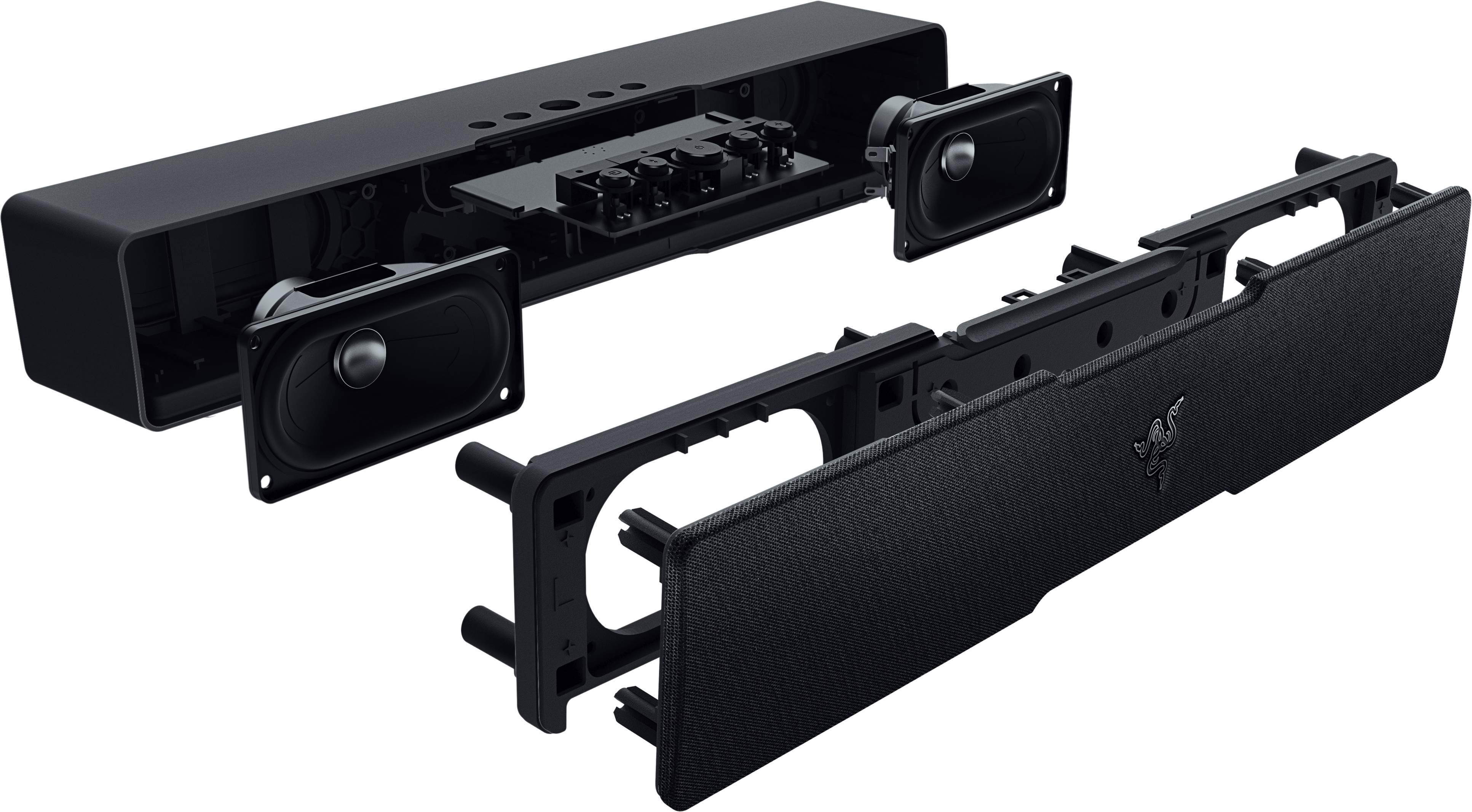 Zerlegte schwarze Soundbar mit sichtbaren Lautsprechern und Innenkomponenten. Weißer Hintergrund.