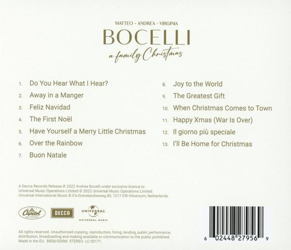 Egy CD tok Bocelli a family Christmas címmel, rajta egy dallas lista. A borító fehér.