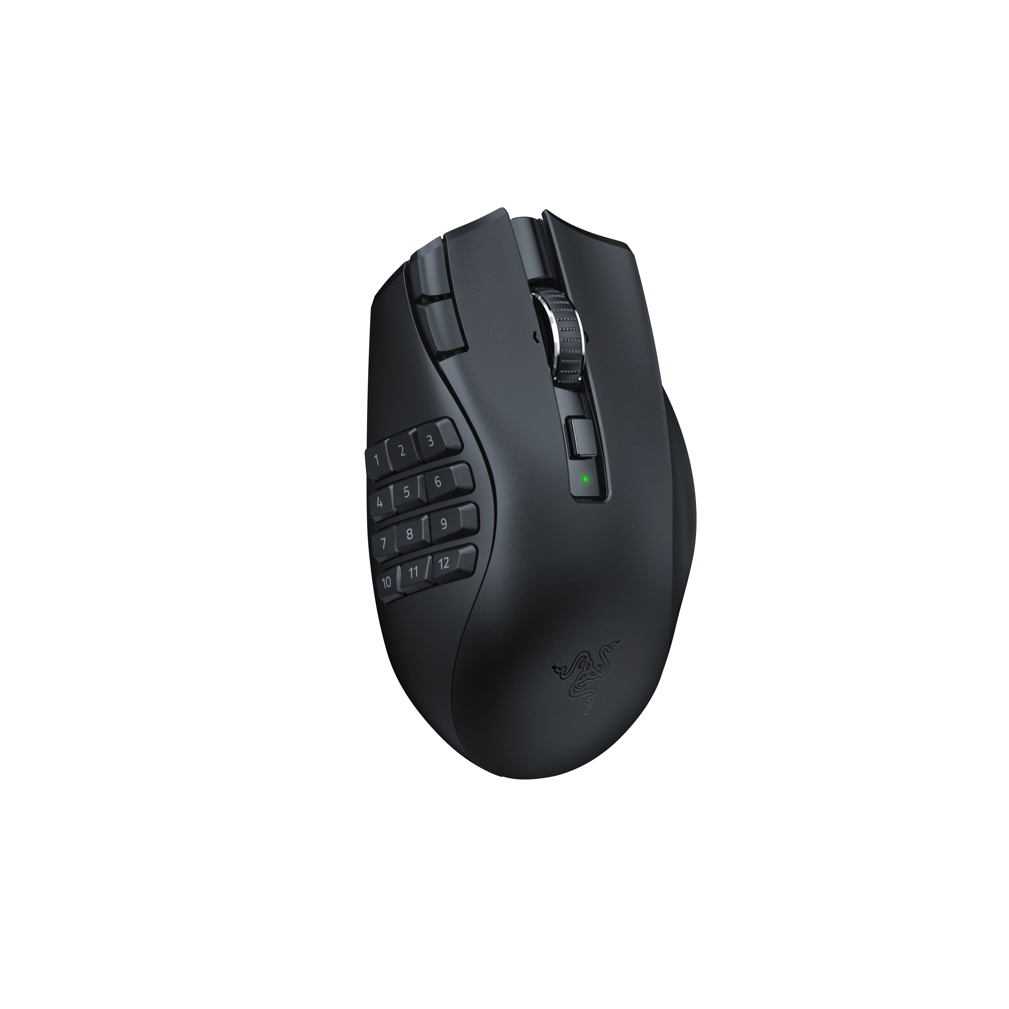 Schwarze Razer Gaming-Maus mit mehreren Seitentasten auf weißer Oberfläche.