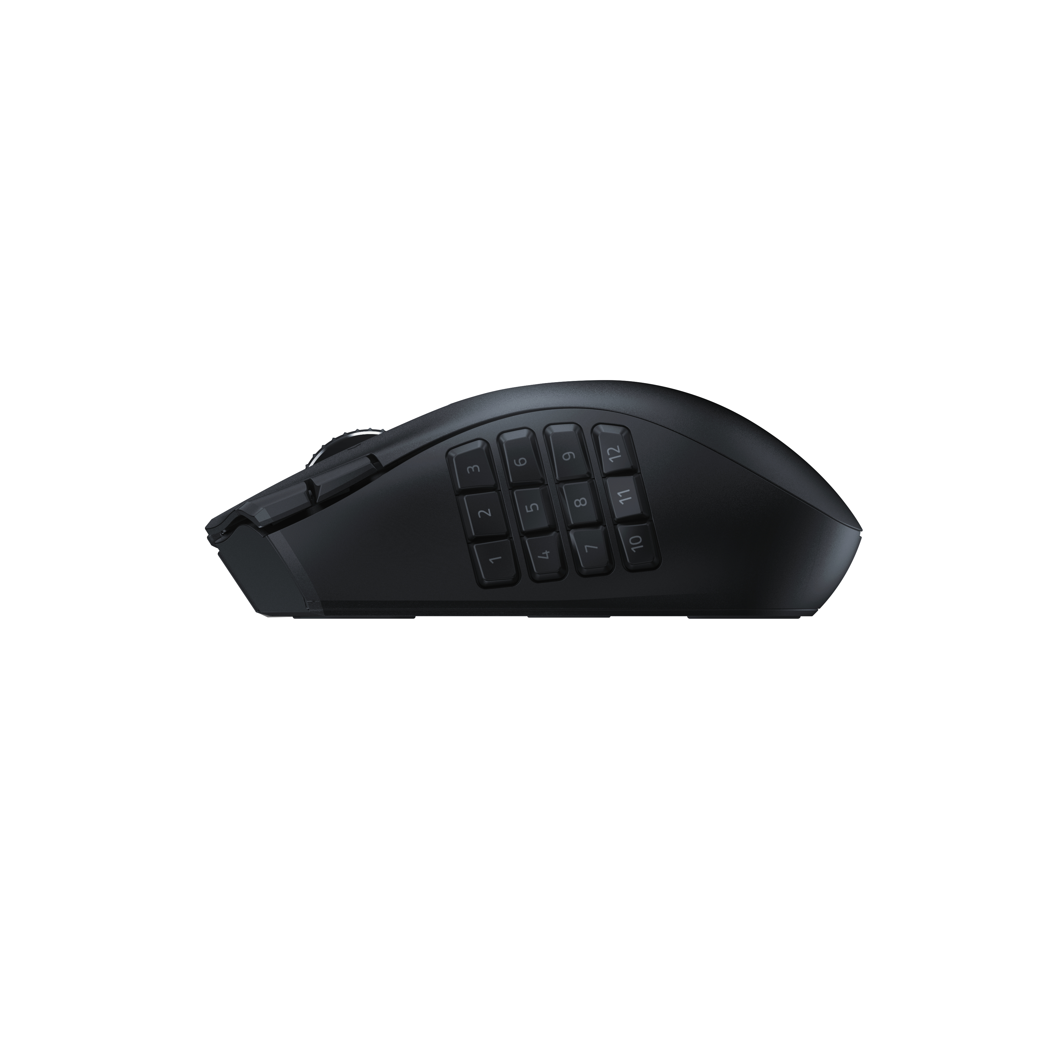 Eine schwarze Gaming-Maus mit Seitentasten, nummeriert 1-12.