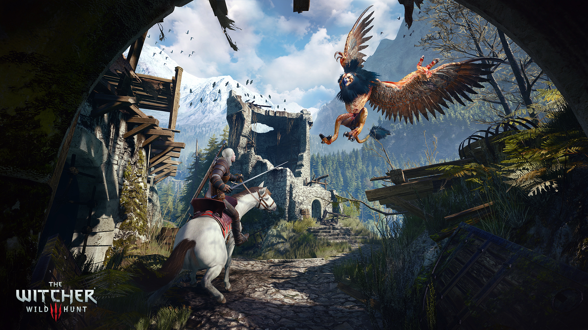 Szene aus 'The Witcher 3' mit einem Hexer auf einem Pferd, der gegen einen Greifen kämpft.