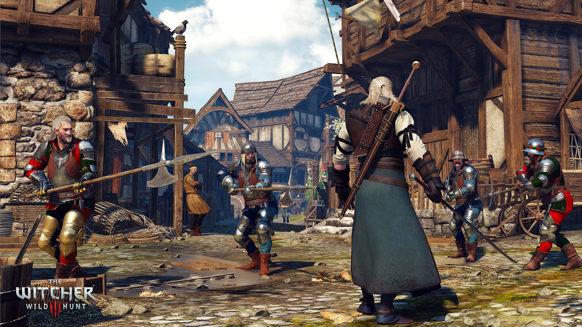 Szene aus The Witcher: Wild Hunt. Charaktere in einer mittelalterlichen Stadt. Gebäude und Kopfsteinpflasterstraße.