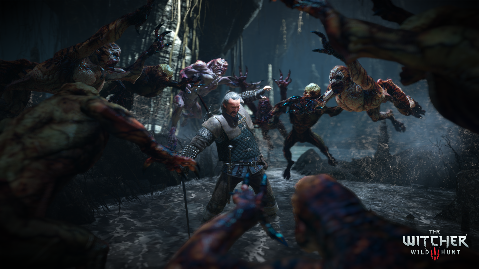 Geralt von Riva bekämpft Monster in einer dunklen, wasserreichen Höhle im Spiel The Witcher 3.
