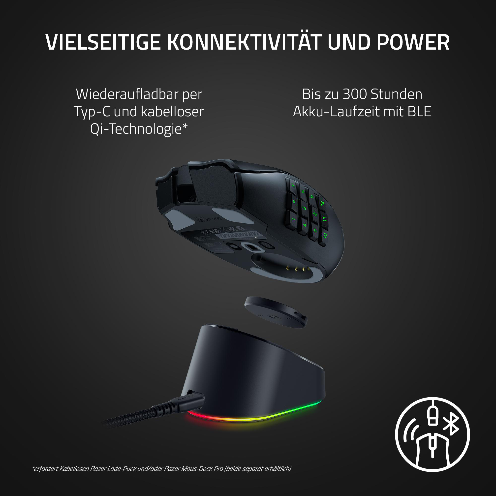 Eine schwarze Gaming-Maus mit Ladestation und Bluetooth-Symbol.