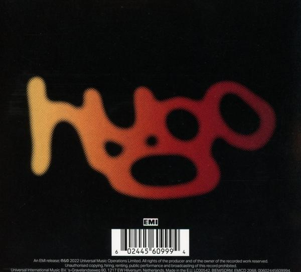 Das Wort „hugo“ in Orange und Rot auf schwarzem Hintergrund. „EMI“-Logo unten.