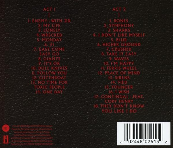 Album-Trackliste. Text in roter Schrift auf dunklem braunen Hintergrund.