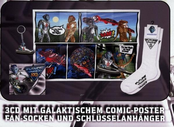 Comic-Merchandise: ein Schlüsselanhänger, ein Comic-Strip und Socken mit futuristischem Design.