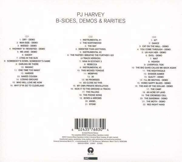 CD-Hülle mit Titellisten. Text: PJ Harvey B-Seiten, Demos & Raritäten.