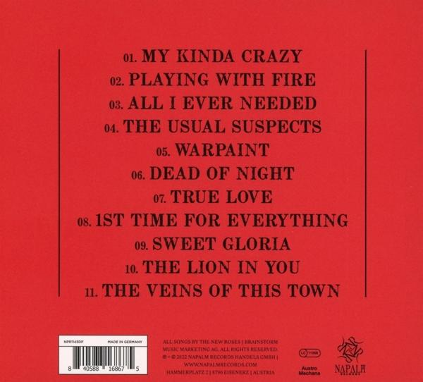 Rotes Albumcover mit einer Liste von Songtiteln in Weiß. Der Bandname ist nicht sichtbar.