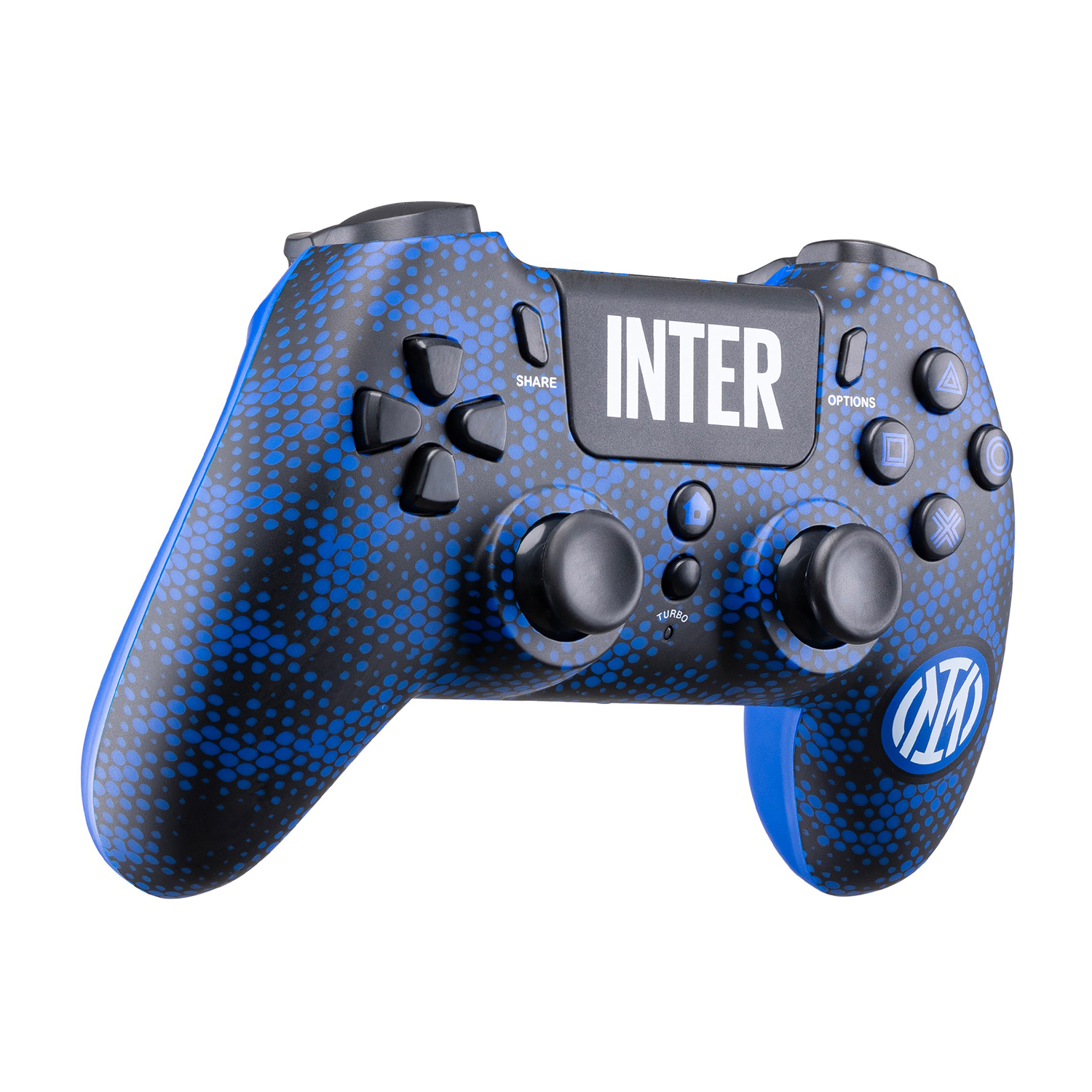 Controller blu e nero con la parola INTER in alto. Ha pulsanti e il logo Inter.