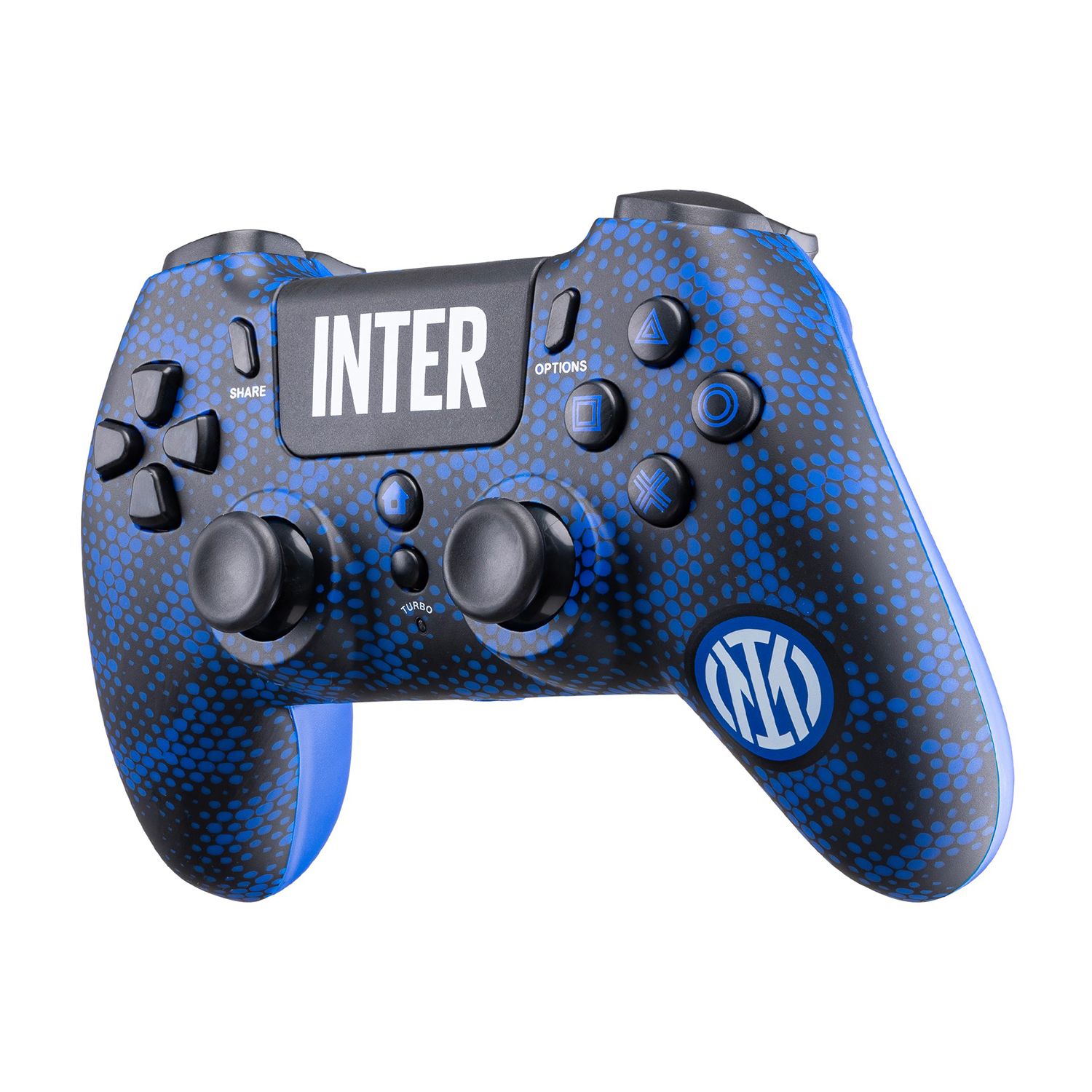 Un controller per videogiochi blu e nero con la scritta INTER sopra.