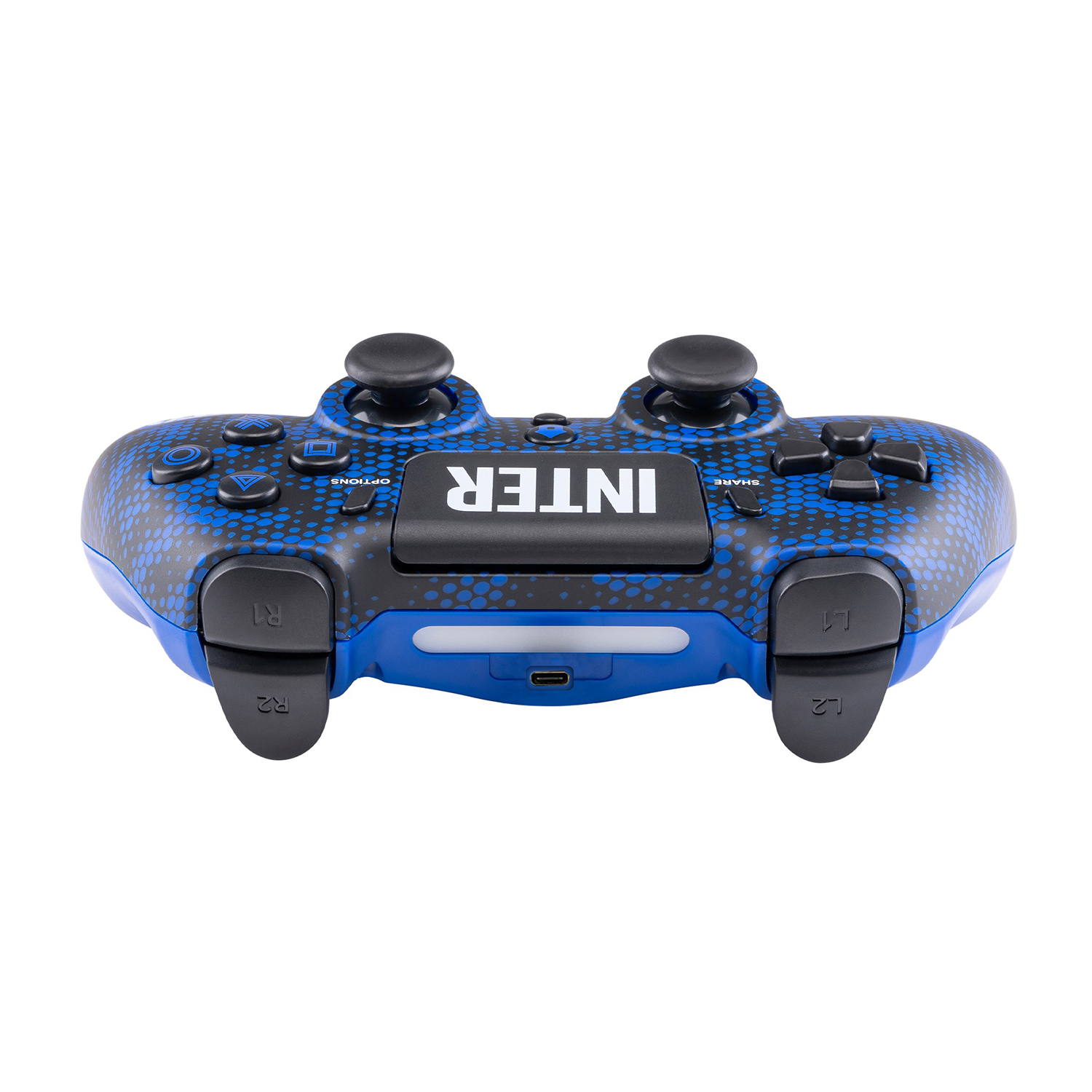 Controller gamepad Inter nero e blu, vista dall'alto, pulsanti e joystick visibili.