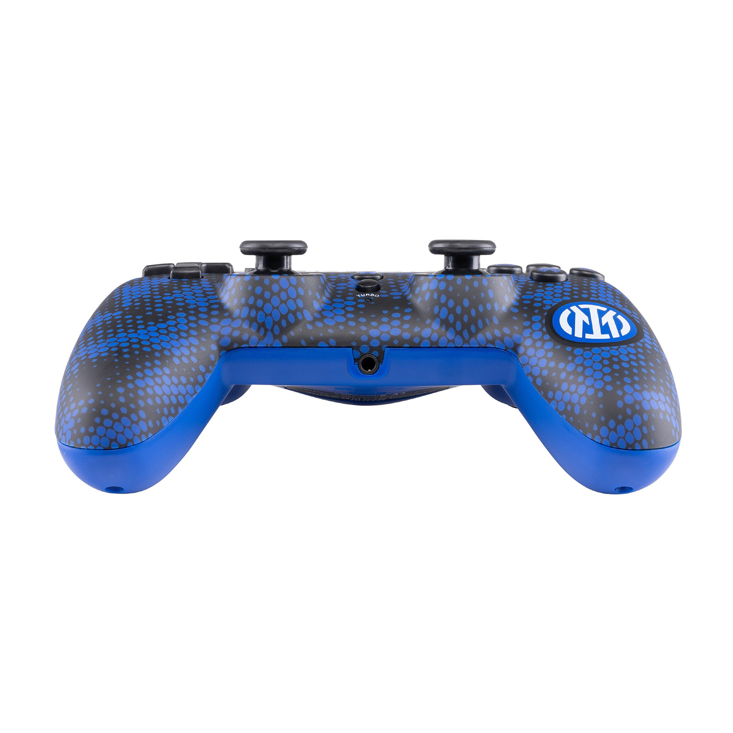 Controller di gioco blu e nero. Ha un logo della squadra blu.