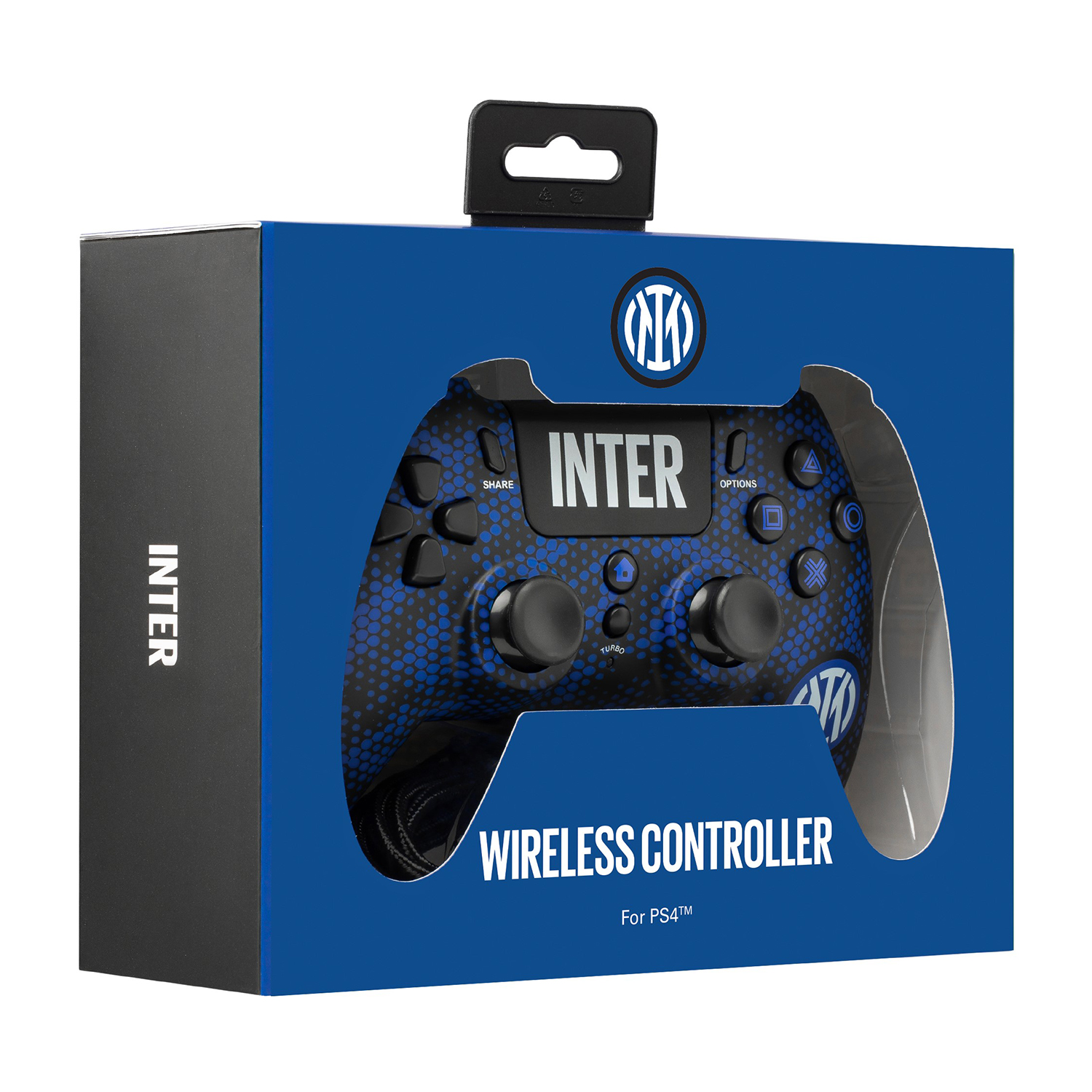 Controller wireless Inter nero e blu in una scatola, con logo e testo.