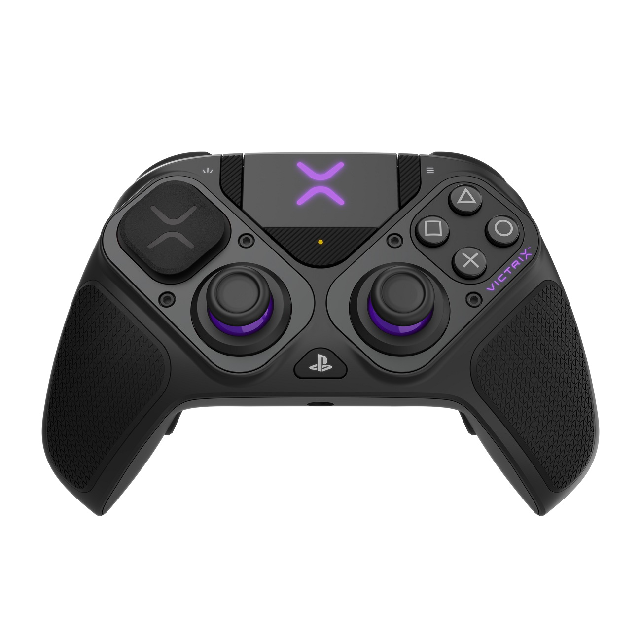 Schwarzer Victrix Pro BFG PlayStation-Controller mit lila Akzenten. Tasten und Joysticks sind sichtbar.