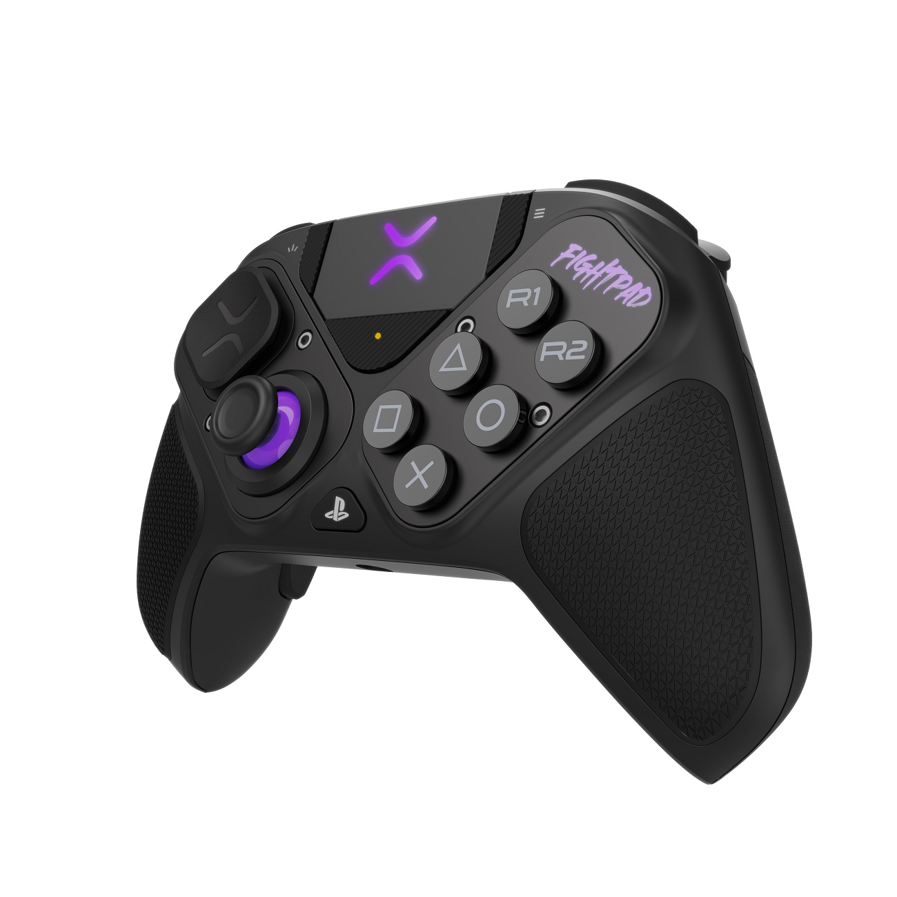Schwarzer Gamecontroller mit lila Akzenten und Knöpfen. 'Fightpad' ist auf dem Controller aufgedruckt.