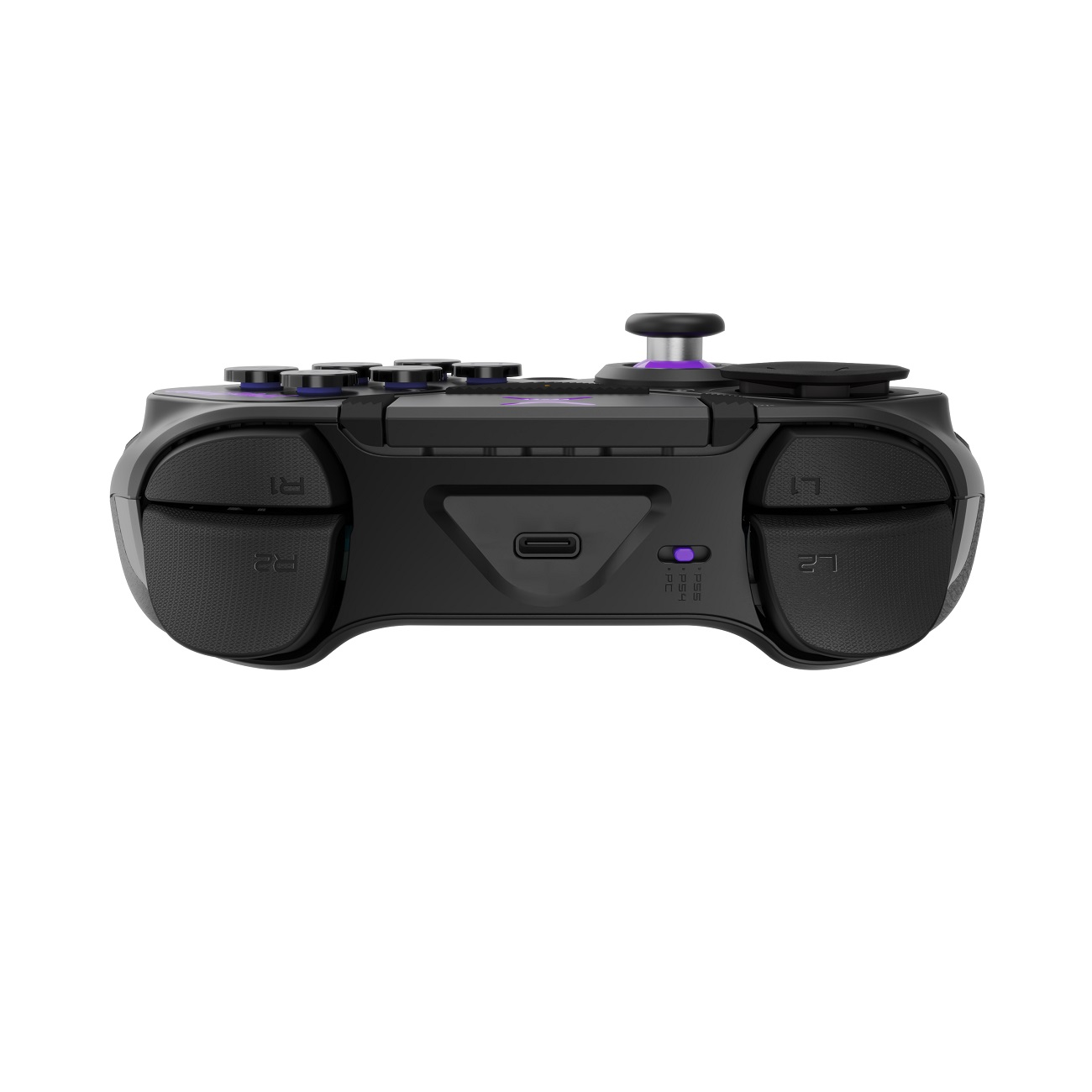 Schwarzer Gamecontroller, Draufsicht. Tasten und Auslöser sichtbar. Schwarz mit lila Akzenten.
