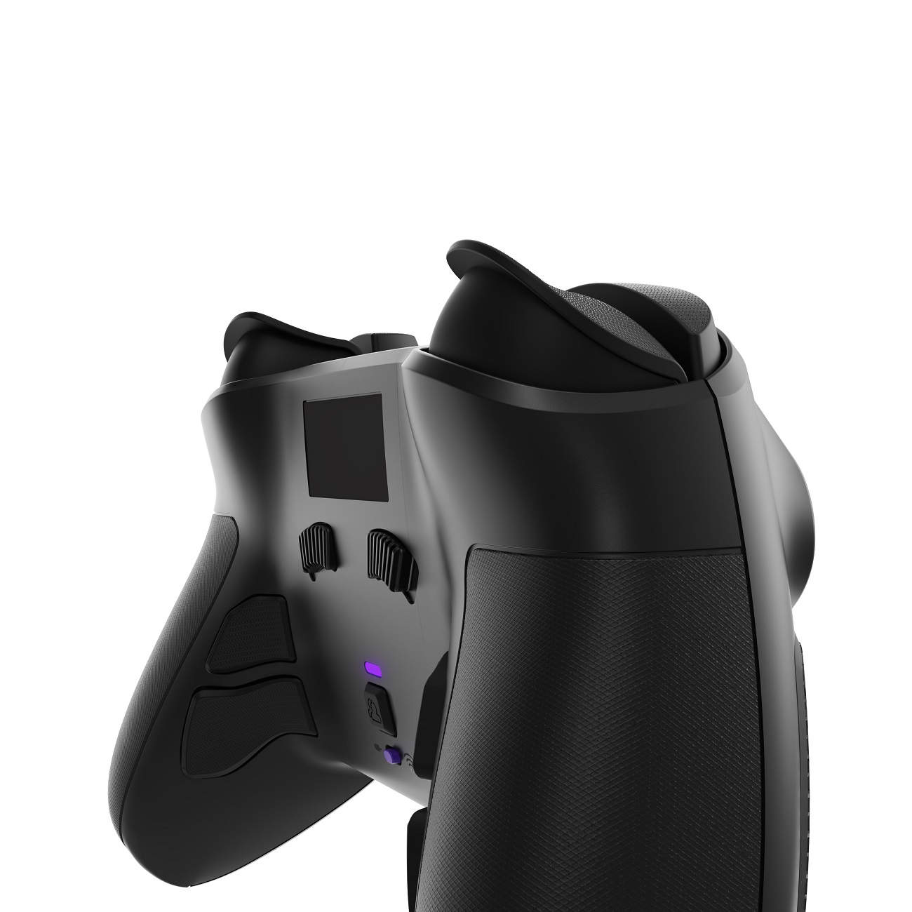 Schwarzer Controller mit quadratischem Bildschirm, Knöpfen und Griffen. Nahaufnahme.