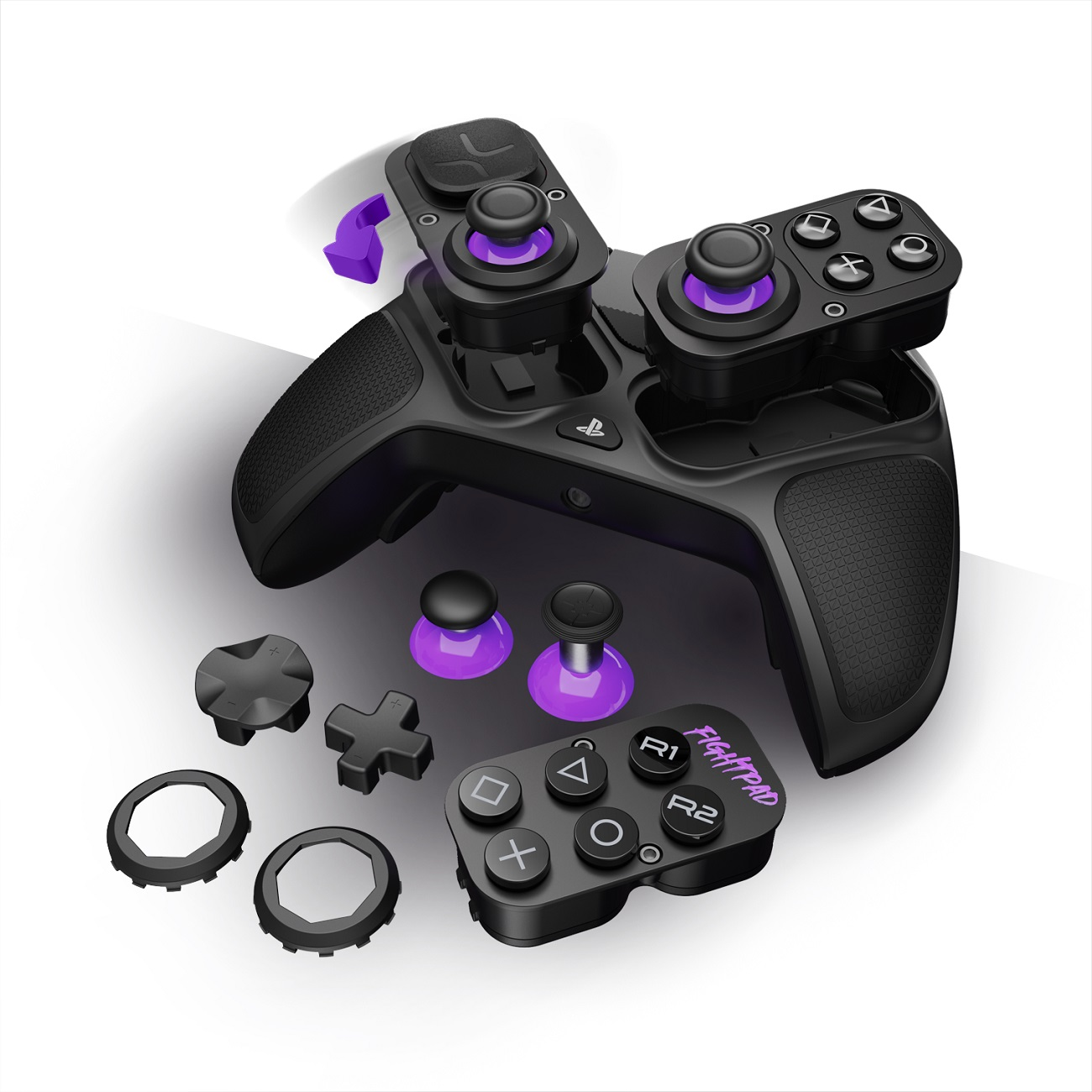 Schwarzer und violetter Videospiel-Controller. Abnehmbare Teile.
