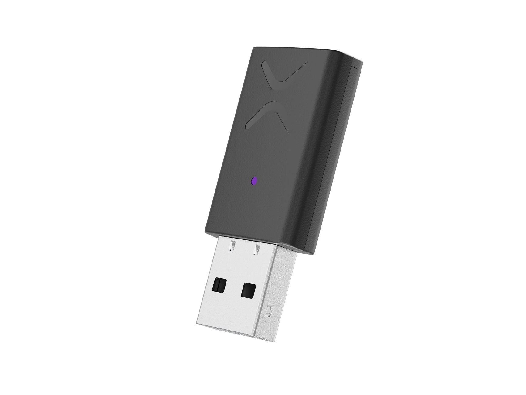 Ein schwarzer USB-C-zu-USB-Adapter mit einem lila Licht.