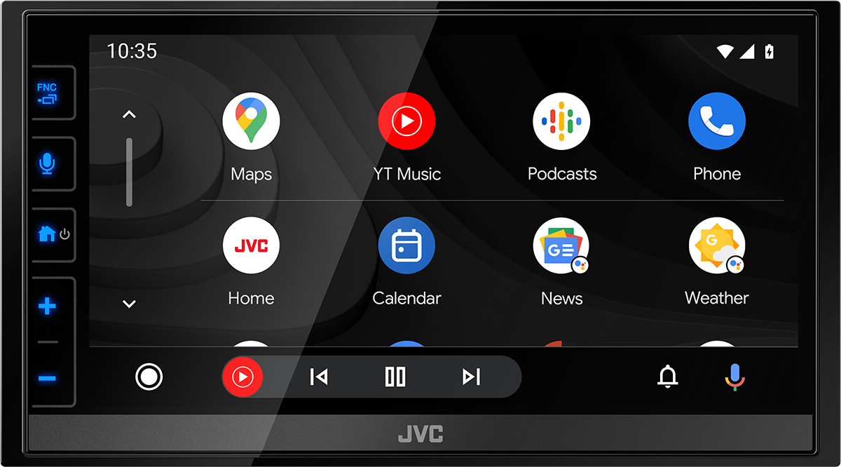 Auto-Infotainment-System, das mehrere App-Symbole anzeigt: Maps, YouTube Music, Podcasts, Telefon usw.