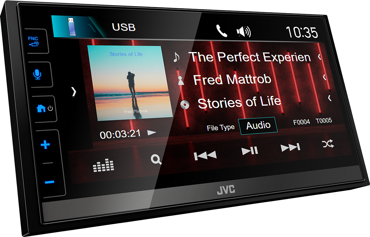 Autoradio mit Touchscreen. Die Oberfläche zeigt Musikwiedergabe. Schwarzer Hintergrund.