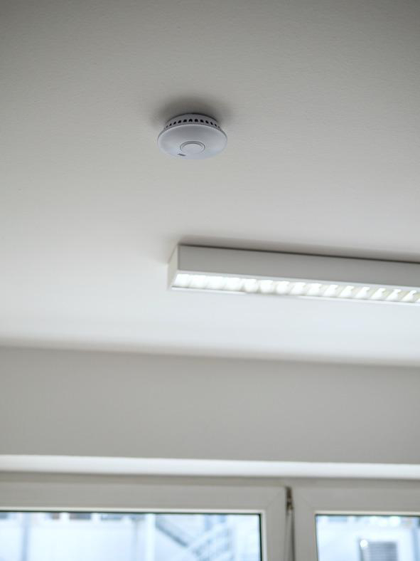 Eine weiße Decke mit Rauchmelder und Leuchtstoffröhre.