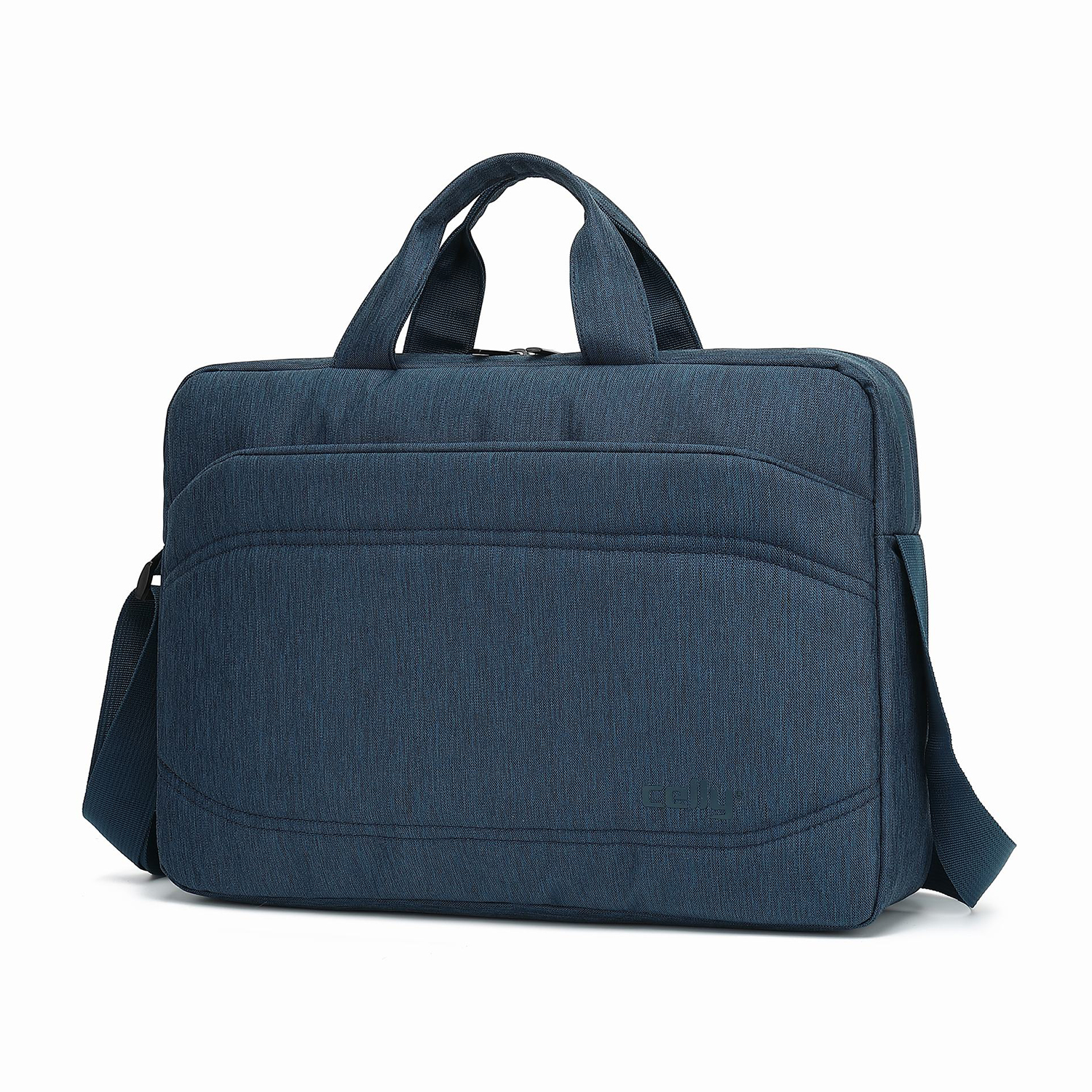 Borsa per laptop in tessuto blu con tracolla e manico, su sfondo bianco.