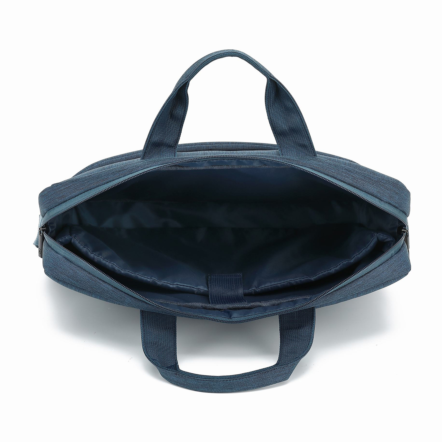 Una valigetta blu aperta, che rivela l'interno. Ha una maniglia e una chiusura a zip.
