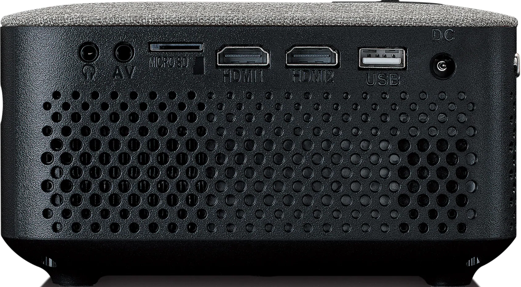 Panneau arrière de projecteur noir avec ports : AV, MicroSD, HDMI, USB et CC.