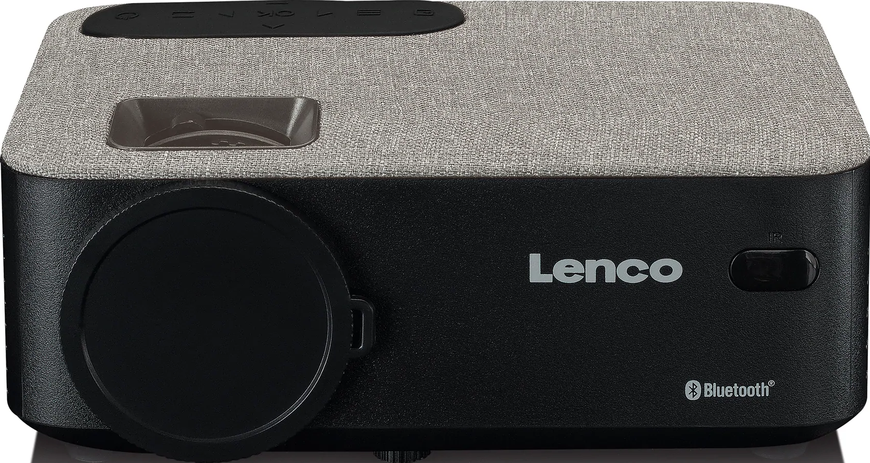 Un projecteur noir et gris avec une lentille et des boutons, le mot Lenco est imprimé dessus.