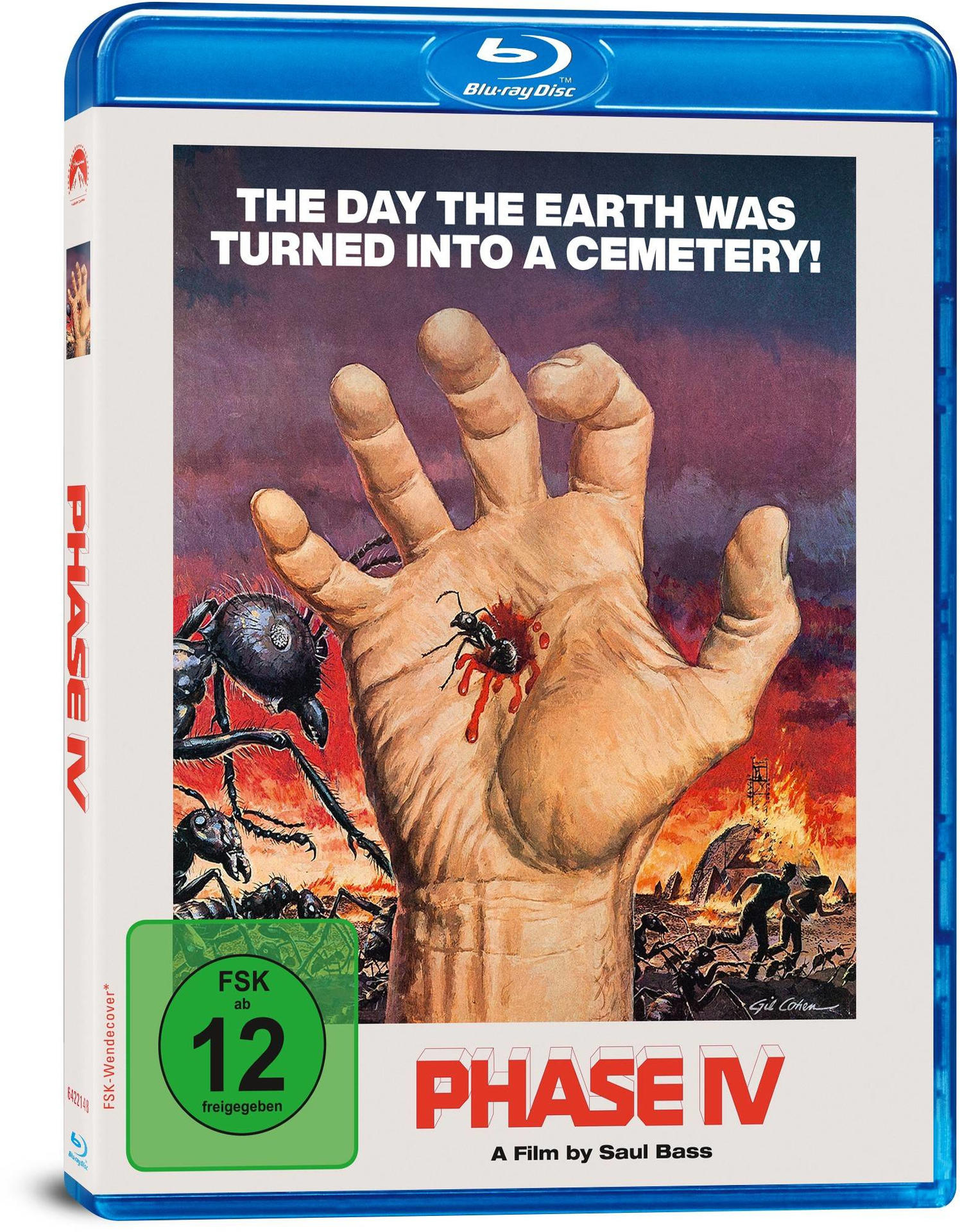 Blu-ray-Disc-Hülle mit einer Hand, die von einer großen Ameise durchbohrt wird. Titel: Phase IV. Der Hintergrund zeigt Feuer.