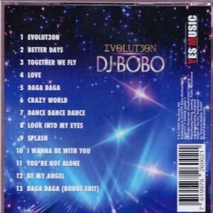 Rückseite einer DJ Bobo CD mit Titelliste und Sternenhintergrund.