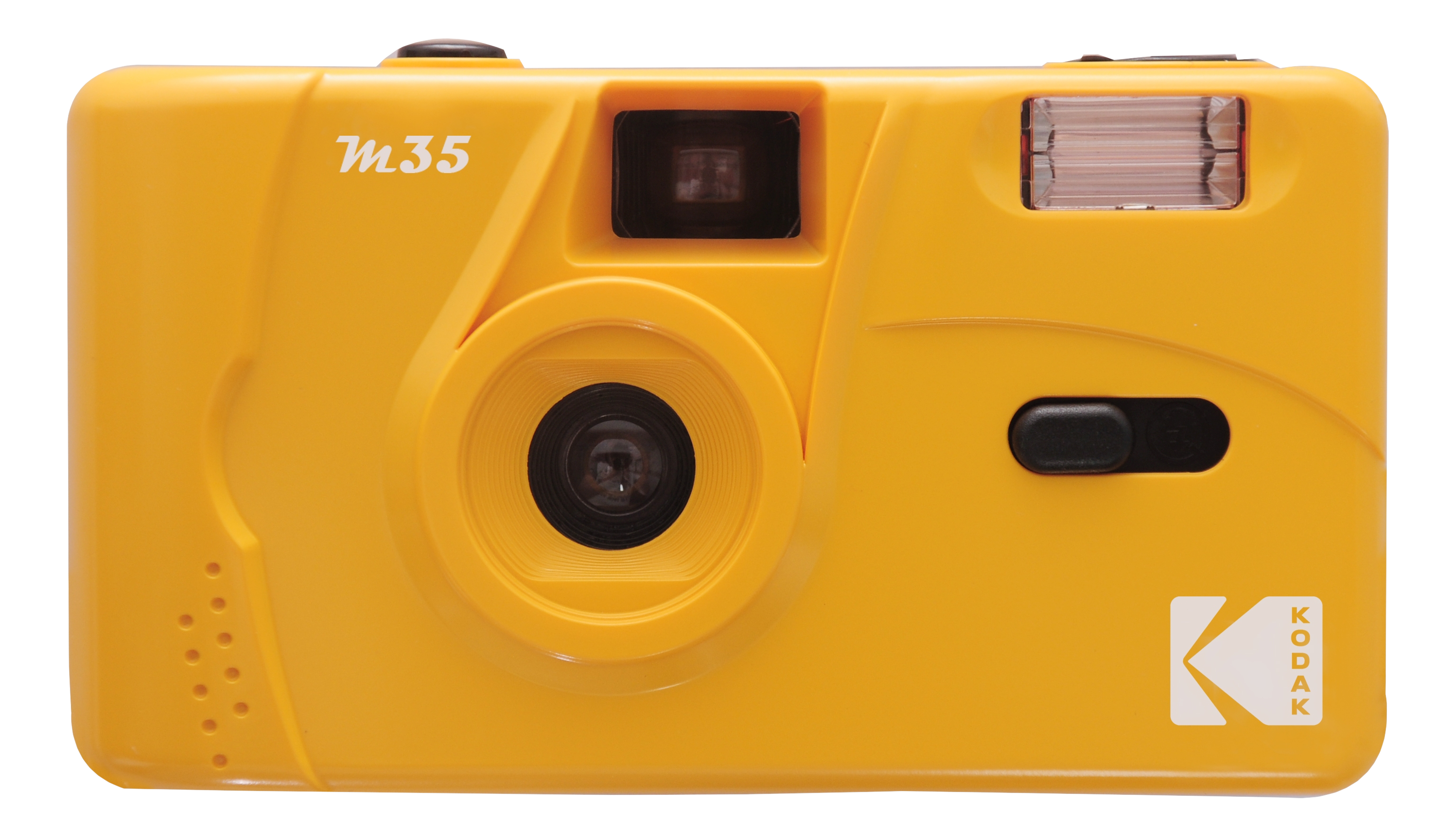 Gelbe Kodak m35 Kamera. Sie hat ein Objektiv, Sucher, Blitz und Knopf. Das Kodak-Logo unten rechts.