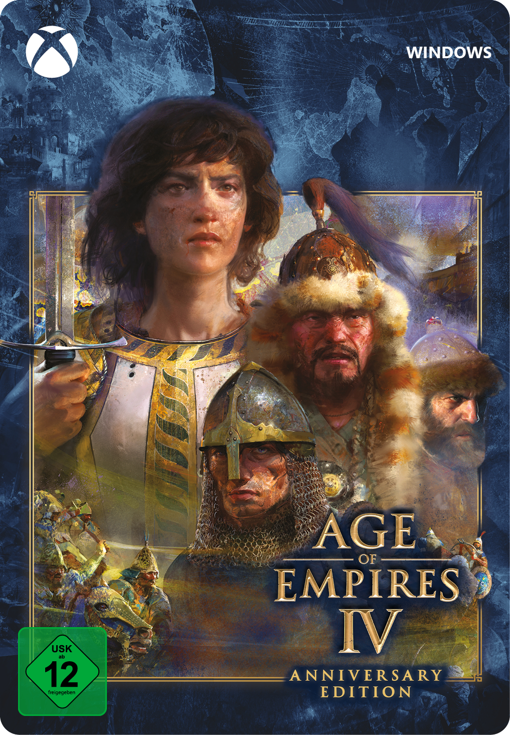 Spielcover: Age of Empires IV. Eine Frau, ein Mann mit Pelzmütze und andere Personen sind auf dem Cover.