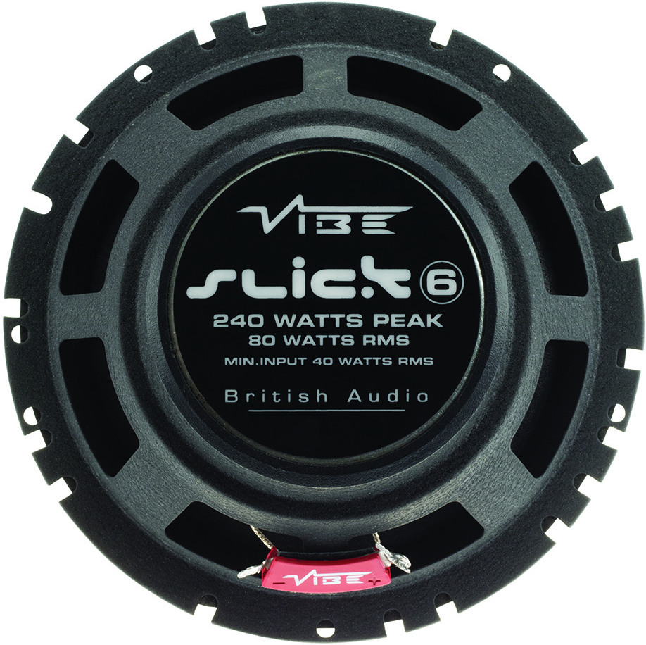 Altoparlante nero con testo bianco. Il testo include il logo 'Vibe', 'slick' e specifiche.