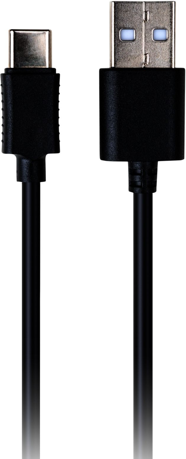 Schwarzes USB-Kabel mit Typ-C-Anschluss an einem Ende und Standard-USB am anderen.
