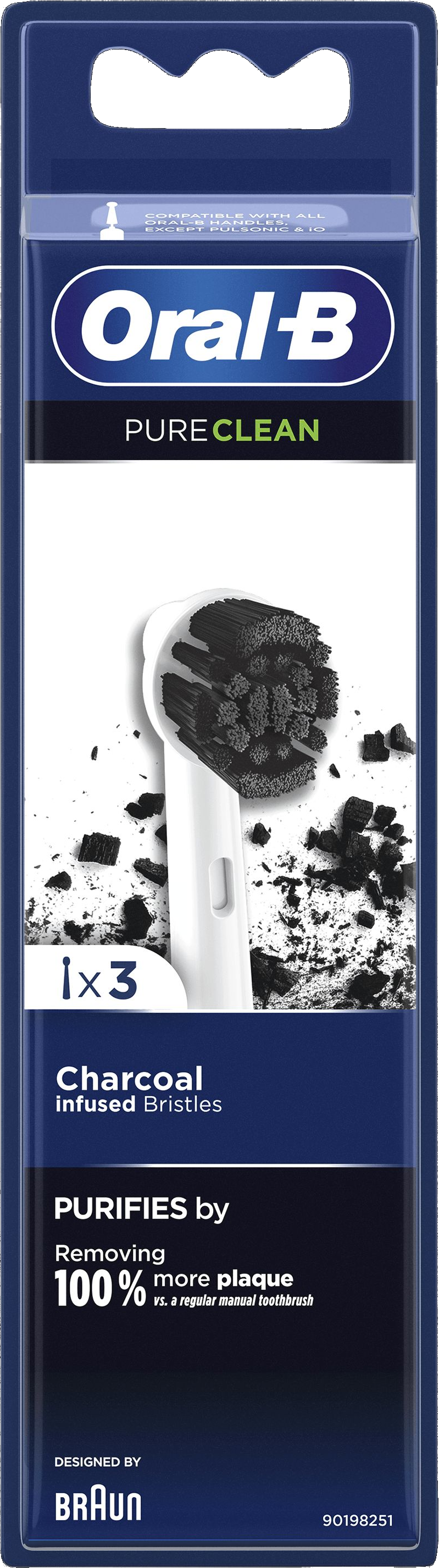 Emballage pour têtes de brosse à dents Oral-B Pure Clean. Les poils noirs infusés au charbon sont visibles.